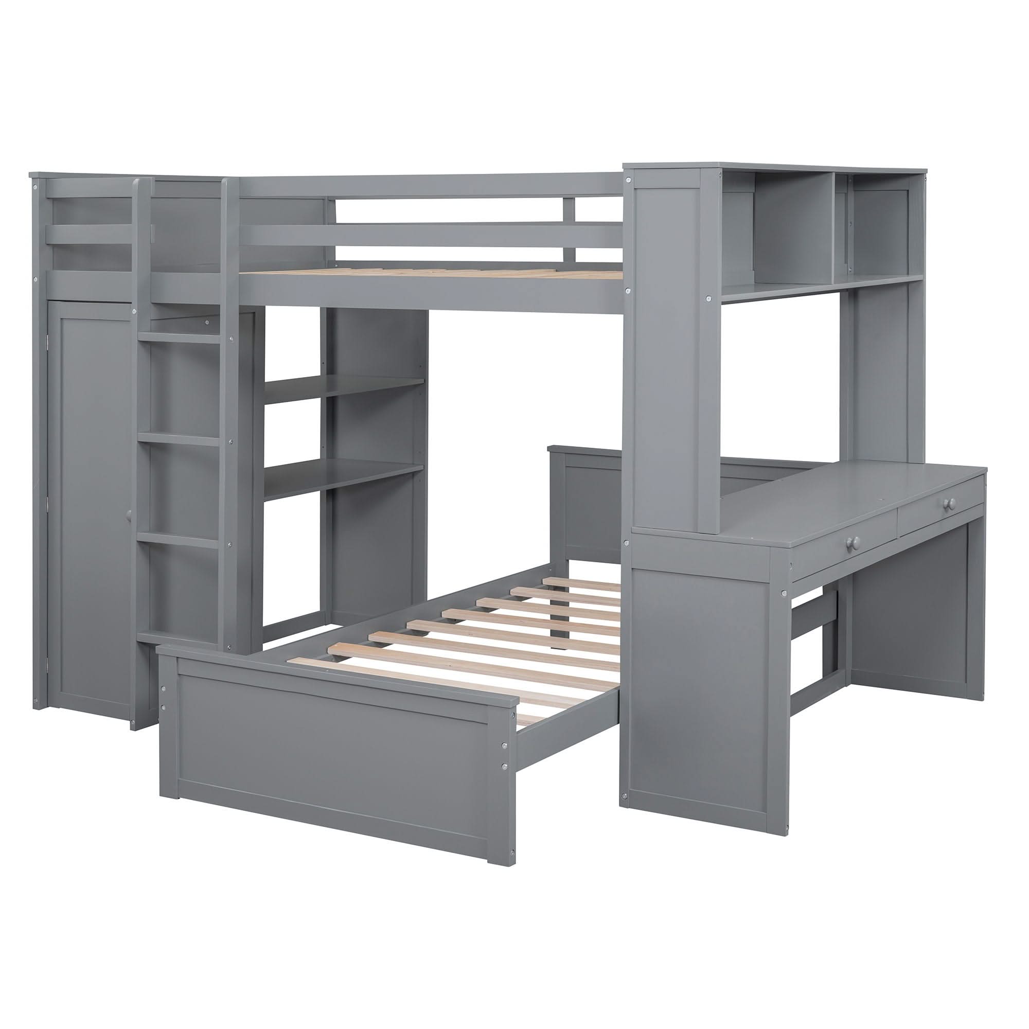 Loft Bed With A Twin Size Standalone Bed, Shelves, Desk, And Wardrobe