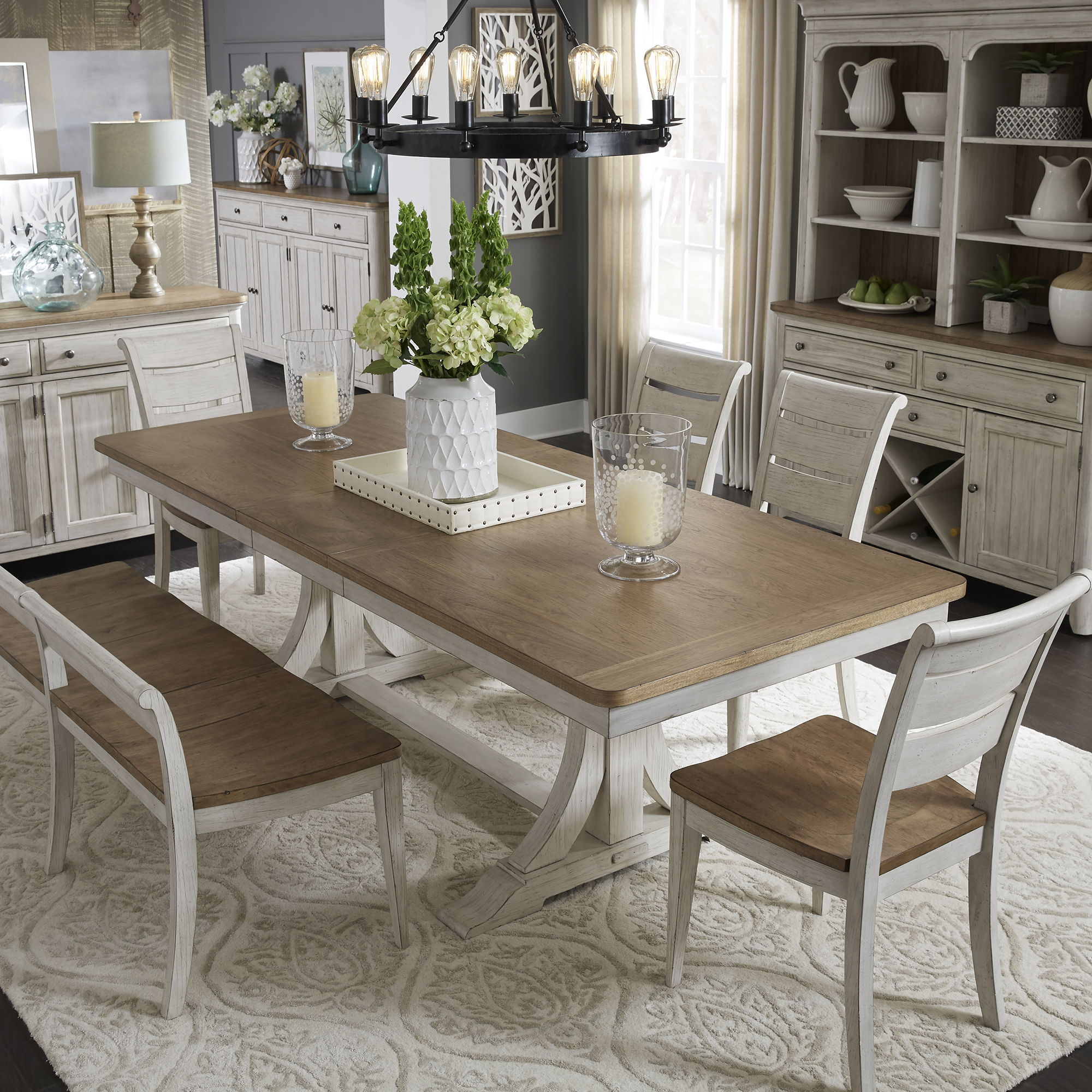 Farmhouse Reimagined - Trestle Table - Antique White / Chestnut Tops