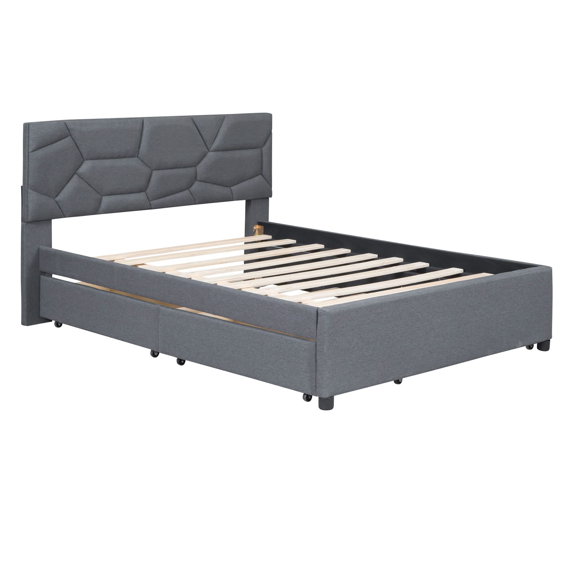 Upholstered Platform Bed With Brick Pattern Headboard And Twin Long Size Trundle