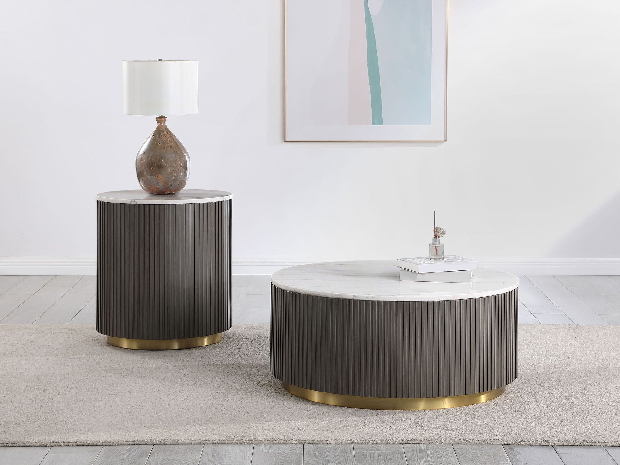 Jason 2-piece Round White Marble Coffee Table Set Charcoal