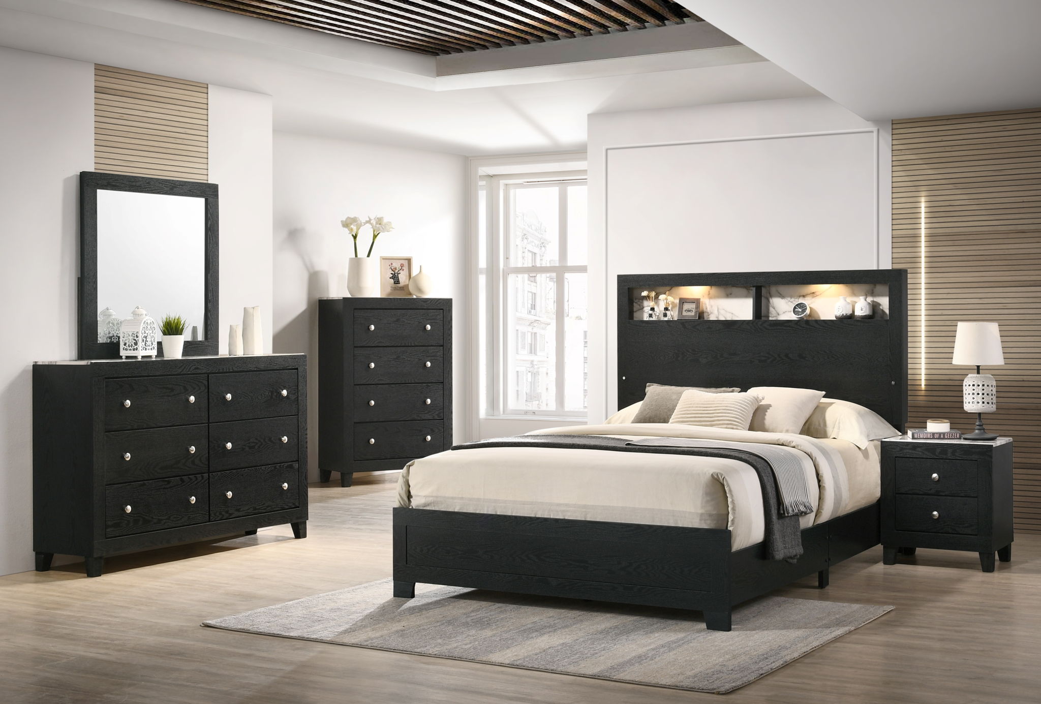 Cadence - Queen Bed In One Box With Shelves - Black