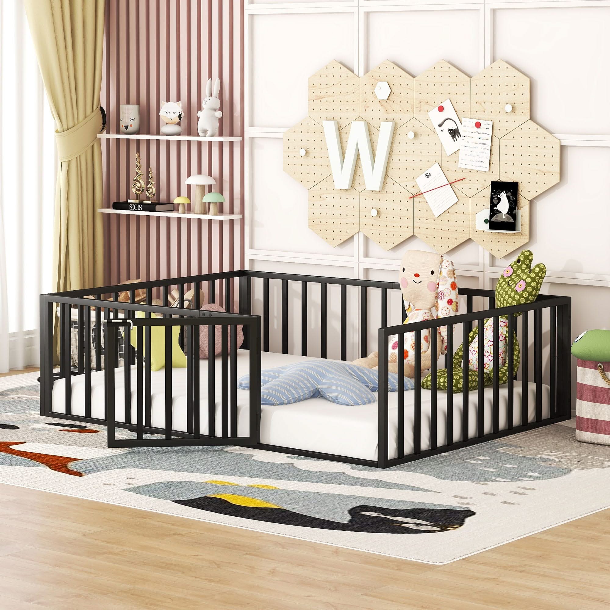 Metal Floor Bed Frame With Fence And Door
