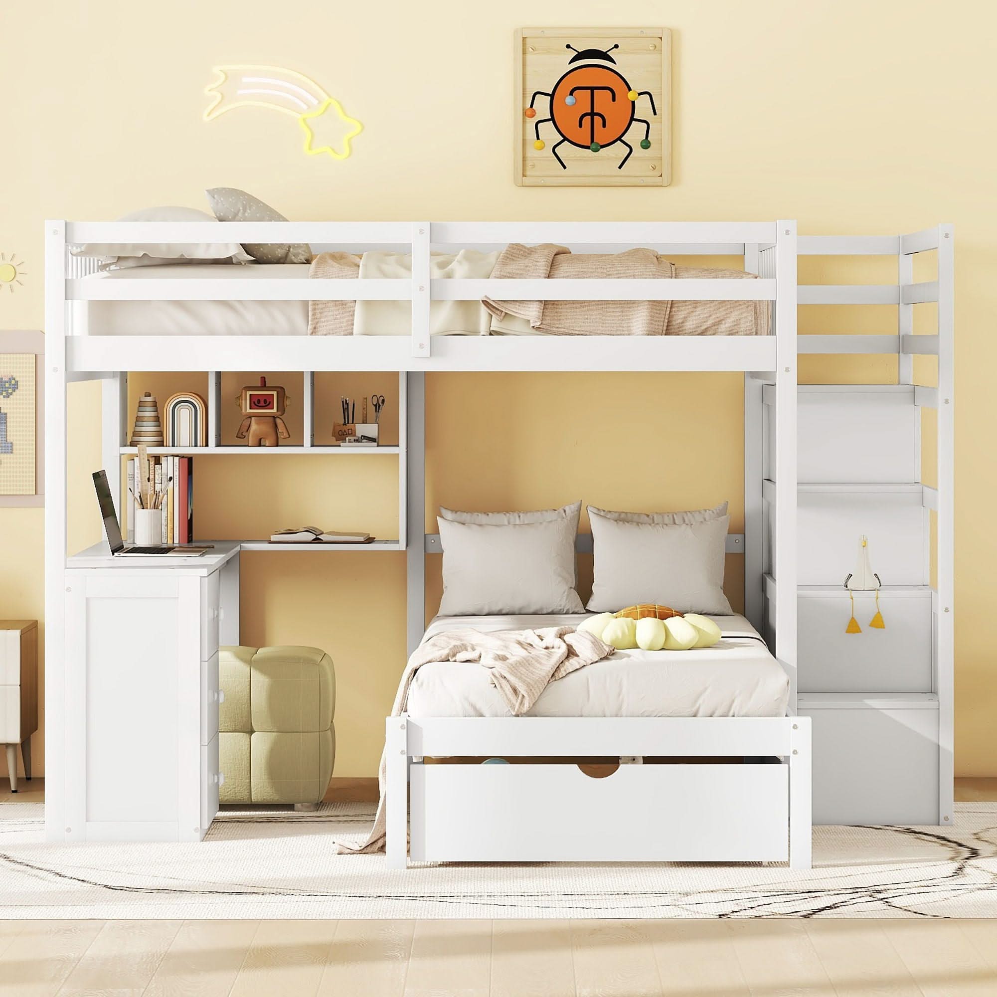 Bunk Bed With Desk, Drawers And Shelves