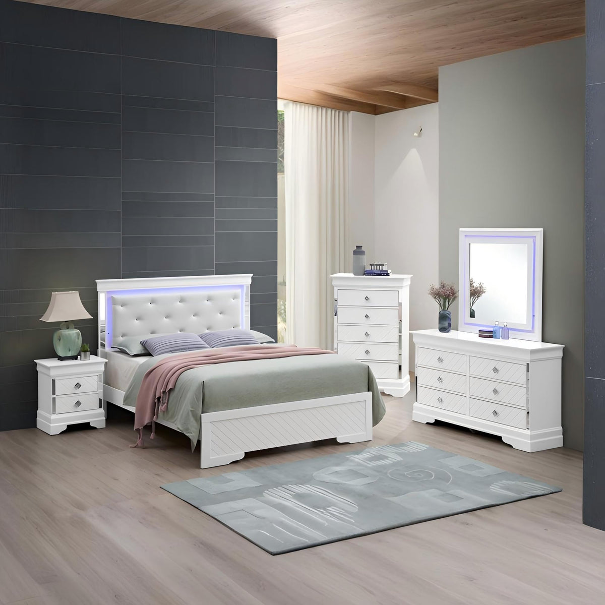 Bed With LED Light Accents Headboard