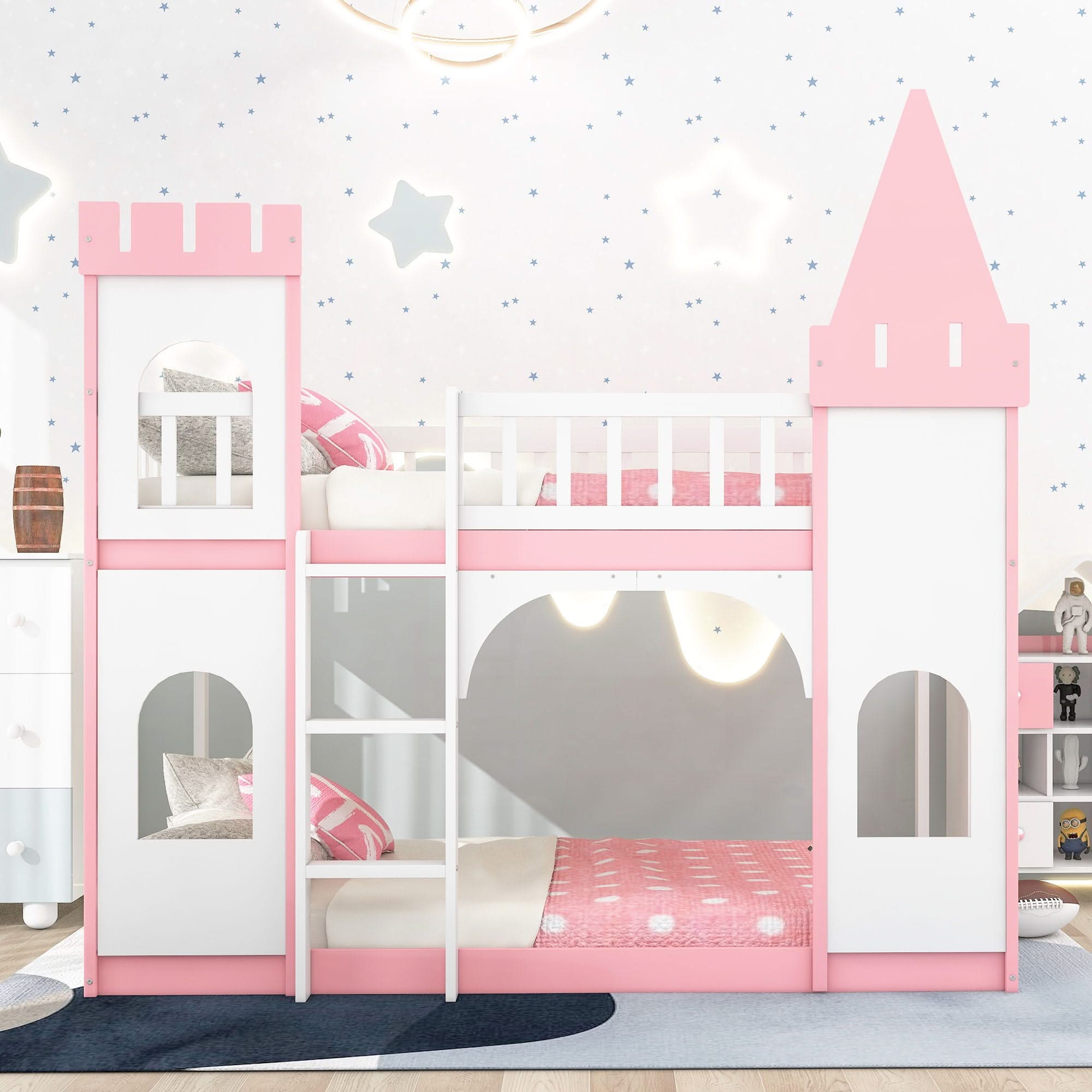 Twin Over Twin Castle Bunk Bed With Ladder - Pink
