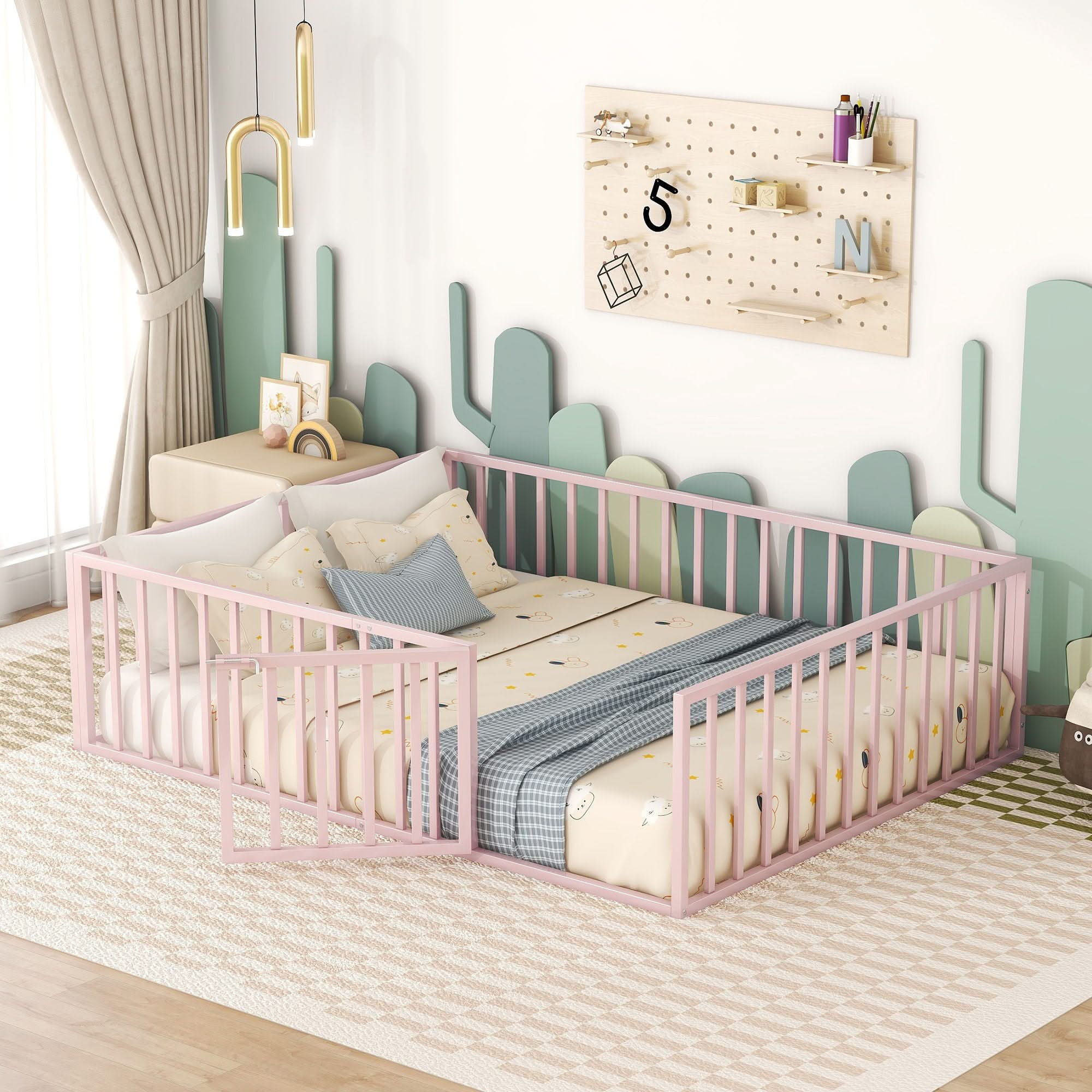 Metal Floor Bed Frame With Fence And Door