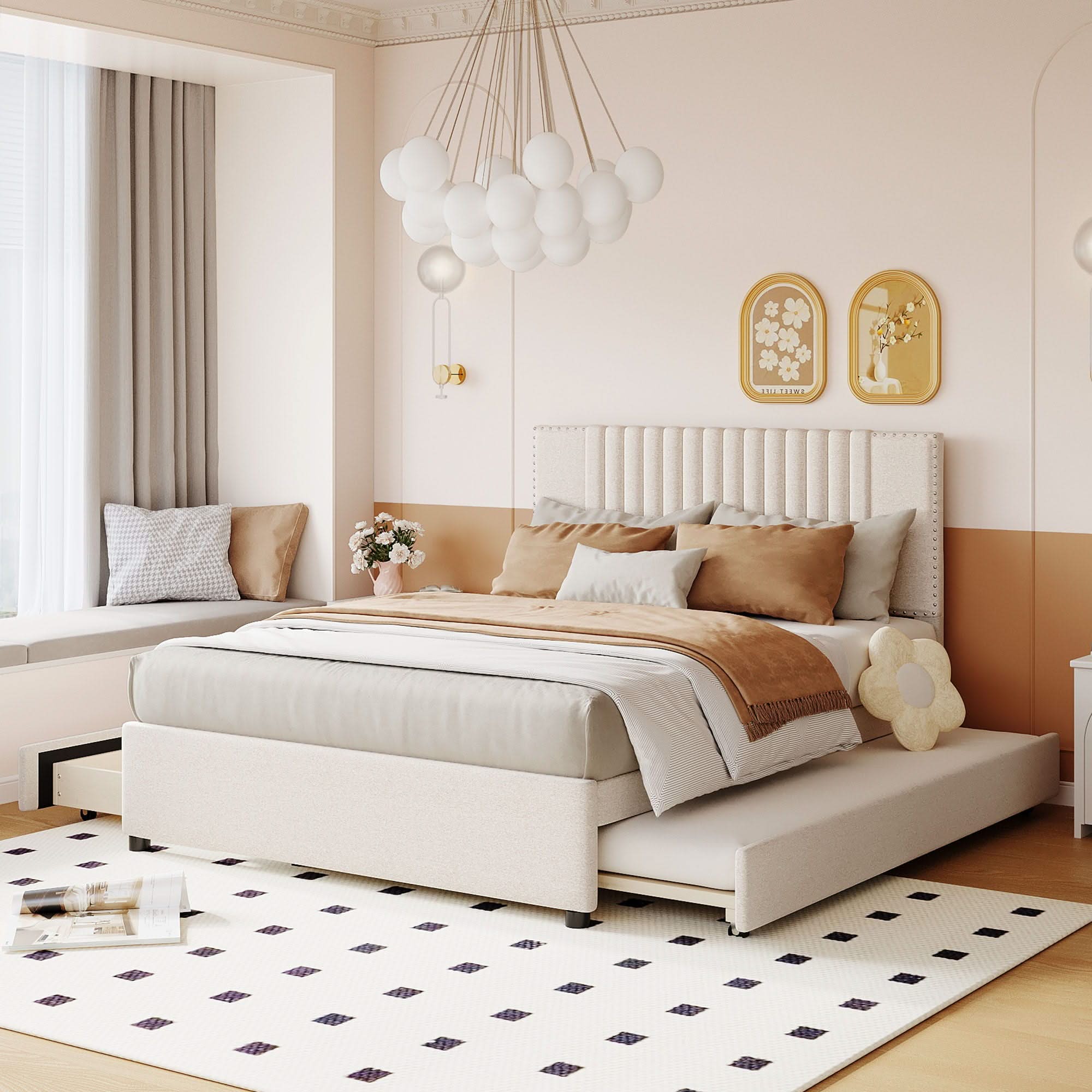 Upholstered Platform Bed With Drawers, Classic Headboard Design