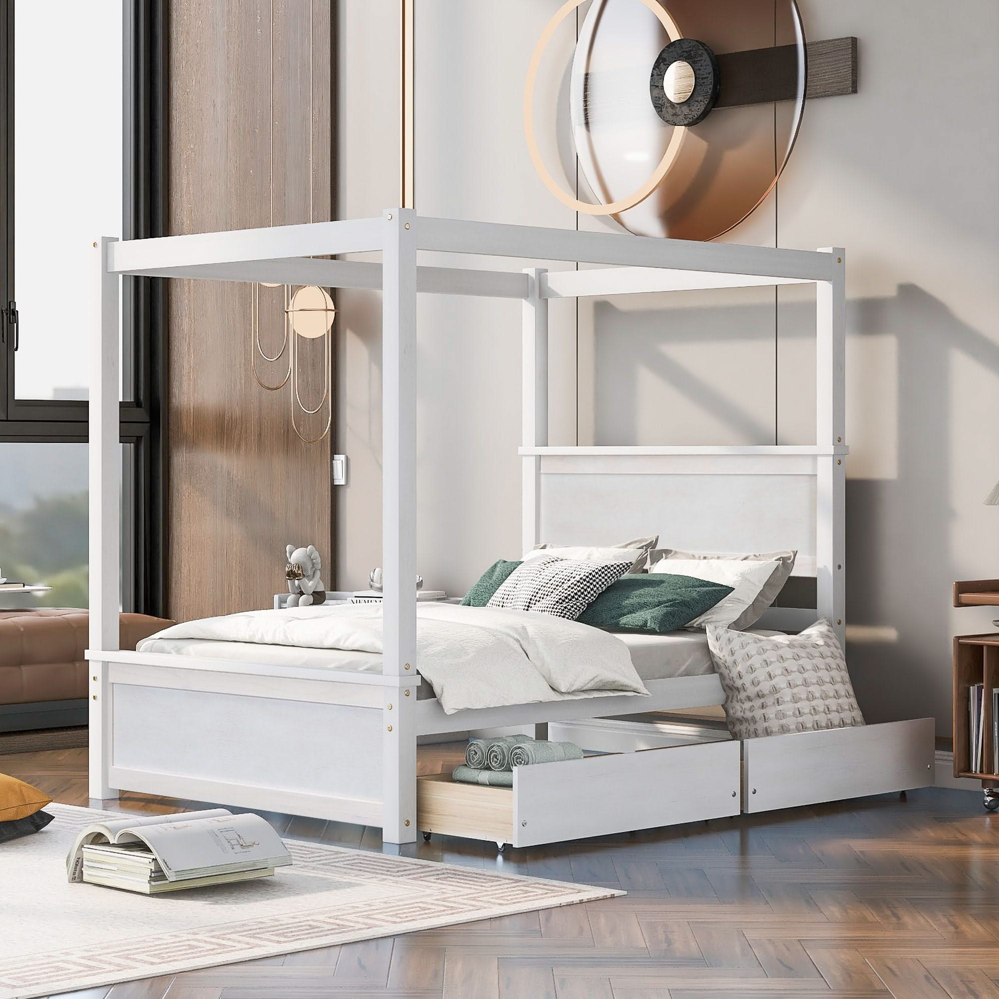 Canopy Platform Bed With Drawers, Support Slats, No Box Spring Needed