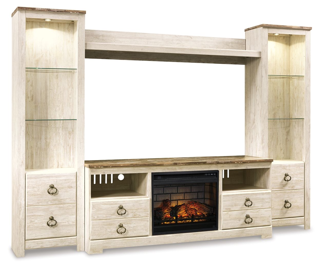 Willowton - Entertainment Center - TV Stand With Faux Firebrick Fireplace Insert - Whitewash
