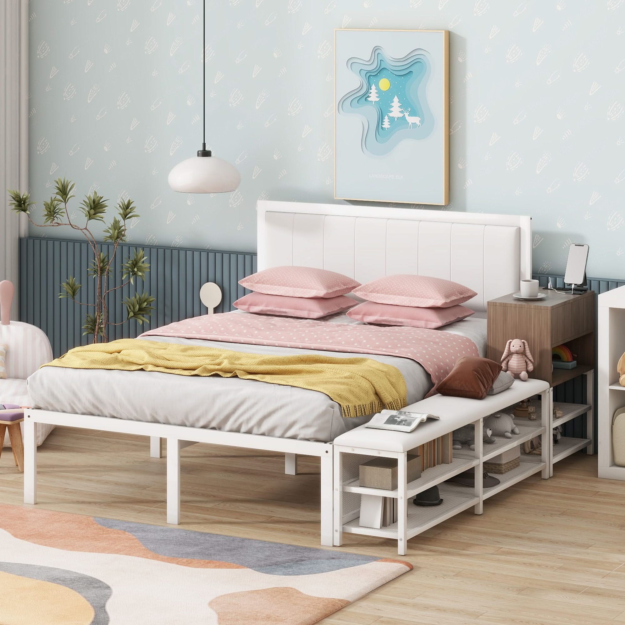 Platform Bed With 2 Tier Storage Shelves, Storage Cabinet