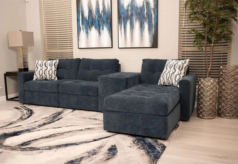 Aden Navy Blue Contemporary 4PC Modular Sectional with Storage Console, USB Ports and Wireless Charging
