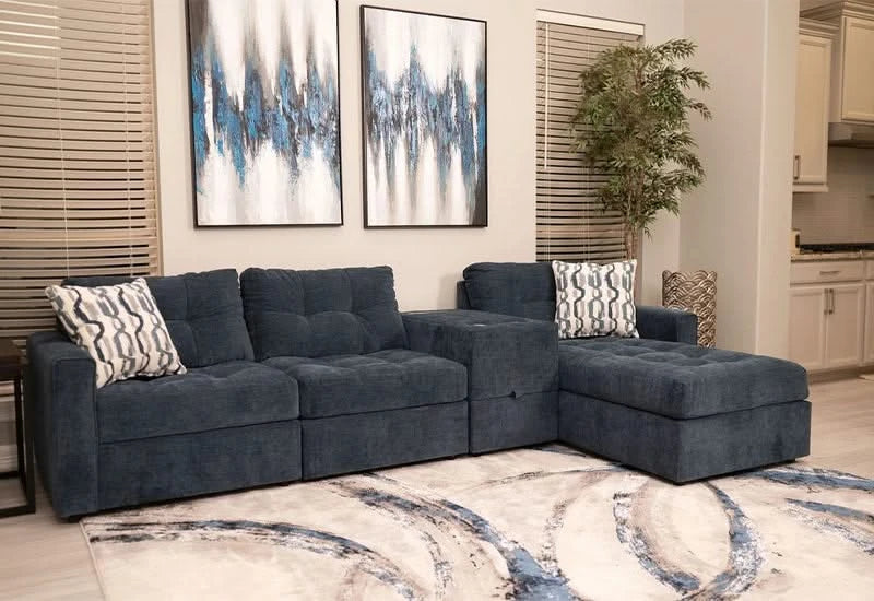 Aden Navy Blue Contemporary 4PC Modular Sectional with Storage Console, USB Ports and Wireless Charging