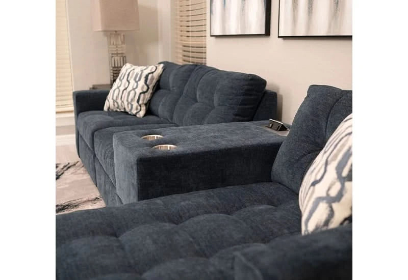 Aden Navy Blue Contemporary 4PC Modular Sectional with Storage Console, USB Ports and Wireless Charging