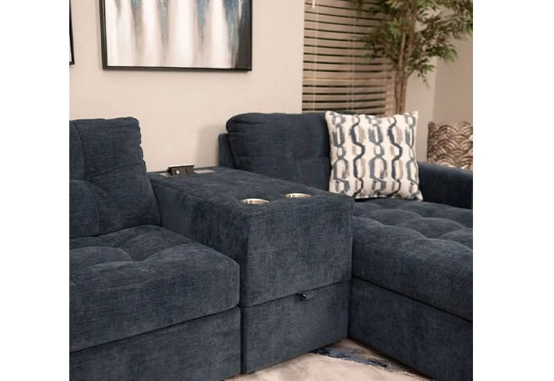 Aden Navy Blue Contemporary 4PC Modular Sectional with Storage Console, USB Ports and Wireless Charging