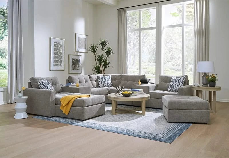 Aden Gray Contemporary 7PC Modular Sectional with Storage Consoles, USB Ports and Wireless Charging