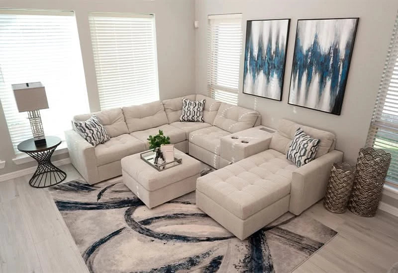 Aden Cement Cream Contemporary 6 PC Modular Sectional with Storage Console, USB Ports and Wireless Charging