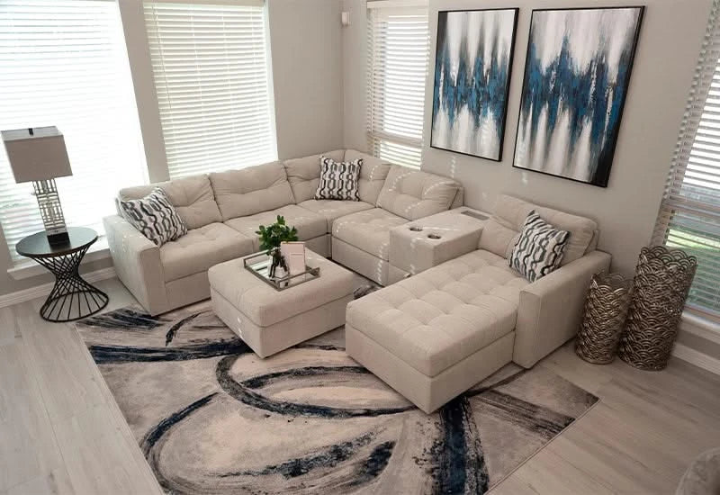 Aden Cement Cream Contemporary 6 PC Modular Sectional with Storage Console, USB Ports and Wireless Charging