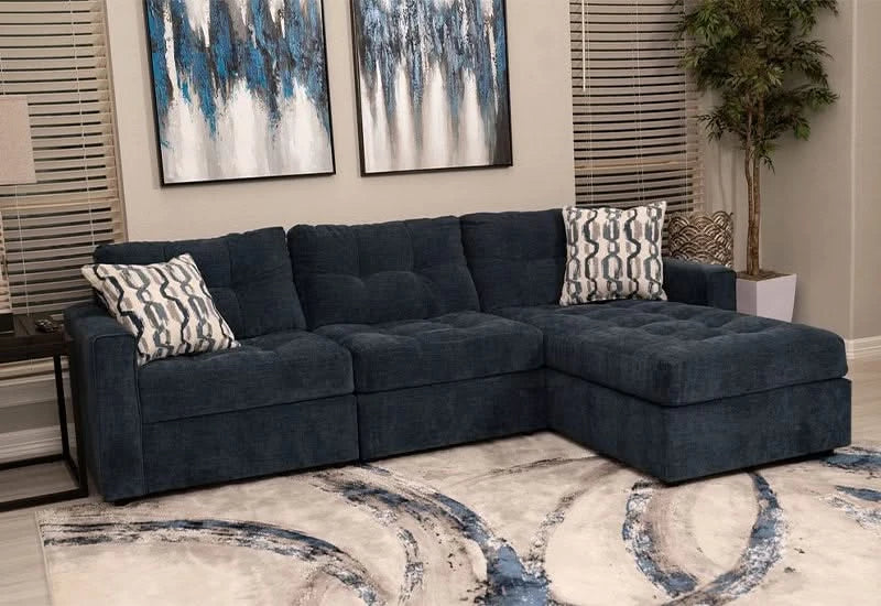 Aden Navy Blue Contemporary 3PC Modular Sectional with USB Ports and Wireless Charging