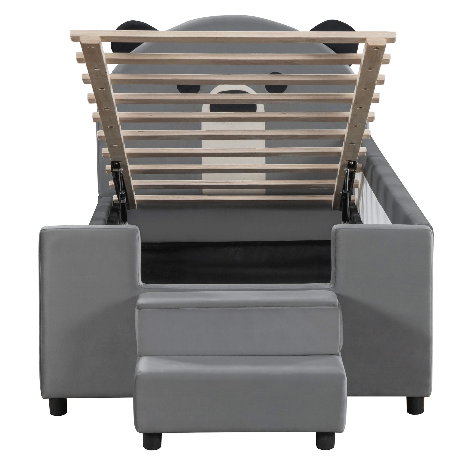 Upholstered Daybed With Bear Shaped Headboard, Hydraulic System And Breathable Fence