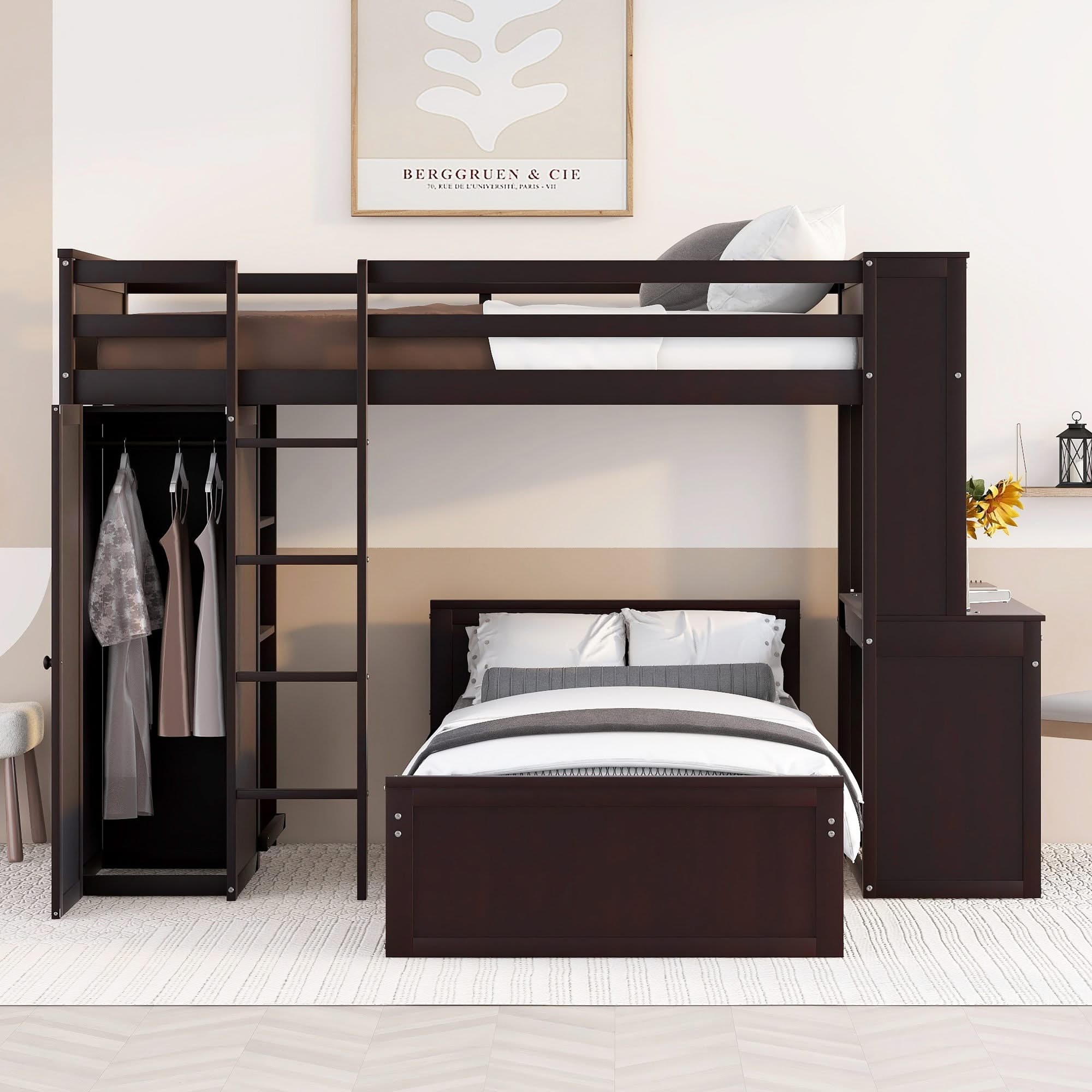 Loft Bed With A Stand Alone Bed, Shelves, Desk, And Wardrobe