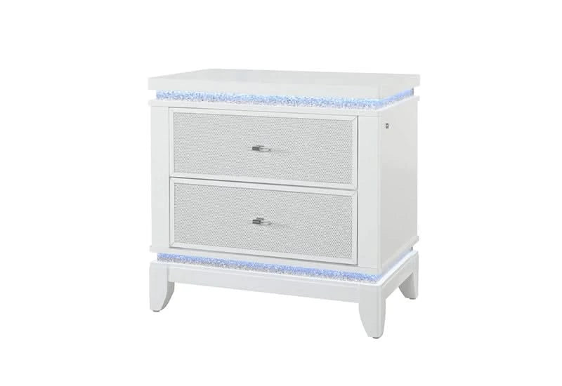 Alina White Nightstand with LED – 2-Drawer Glam Side Table with Mirror Trim