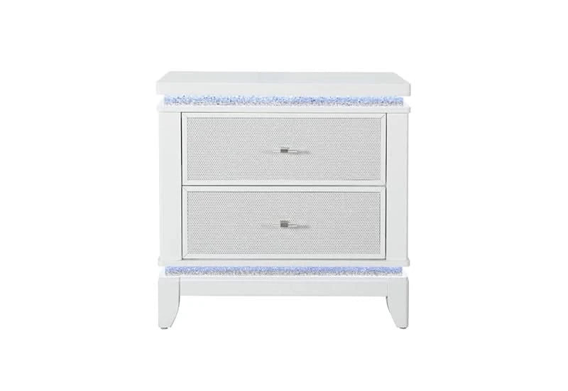 Alina White Nightstand with LED – 2-Drawer Glam Side Table with Mirror Trim