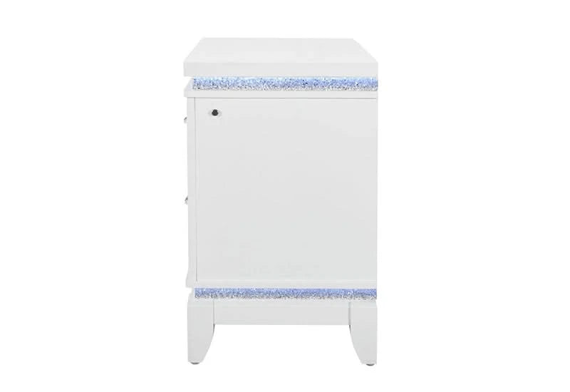 Alina White Nightstand with LED – 2-Drawer Glam Side Table with Mirror Trim