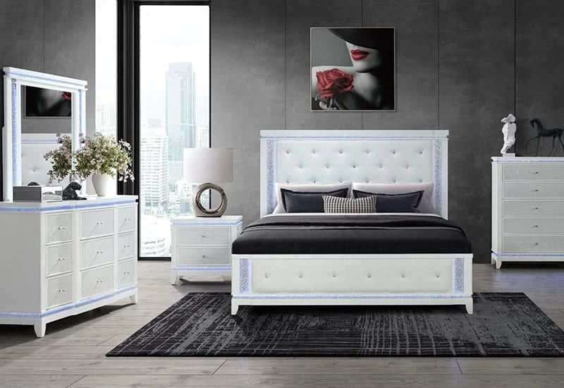 Alina White Bed – Glam Tufted LED Headboard in Queen & King Sizes