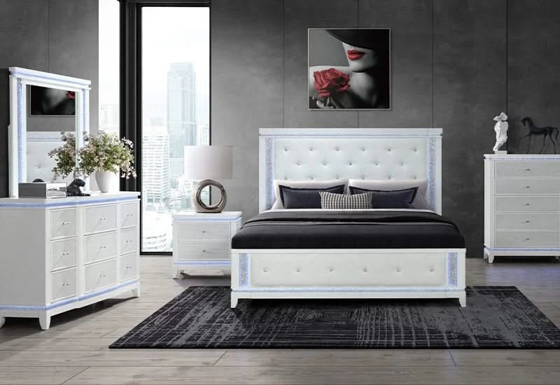 Alina White Bed – Glam Tufted LED Headboard in Queen & King Sizes