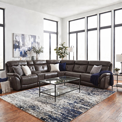 Alpha Gray Leather 6PC Power Reclining Sectional with Storage Console
