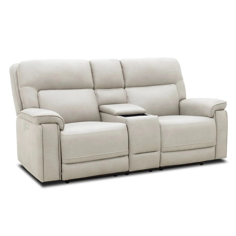Apollo Dove Light Gray Power Reclining Loveseat with Console and Immersive Audio