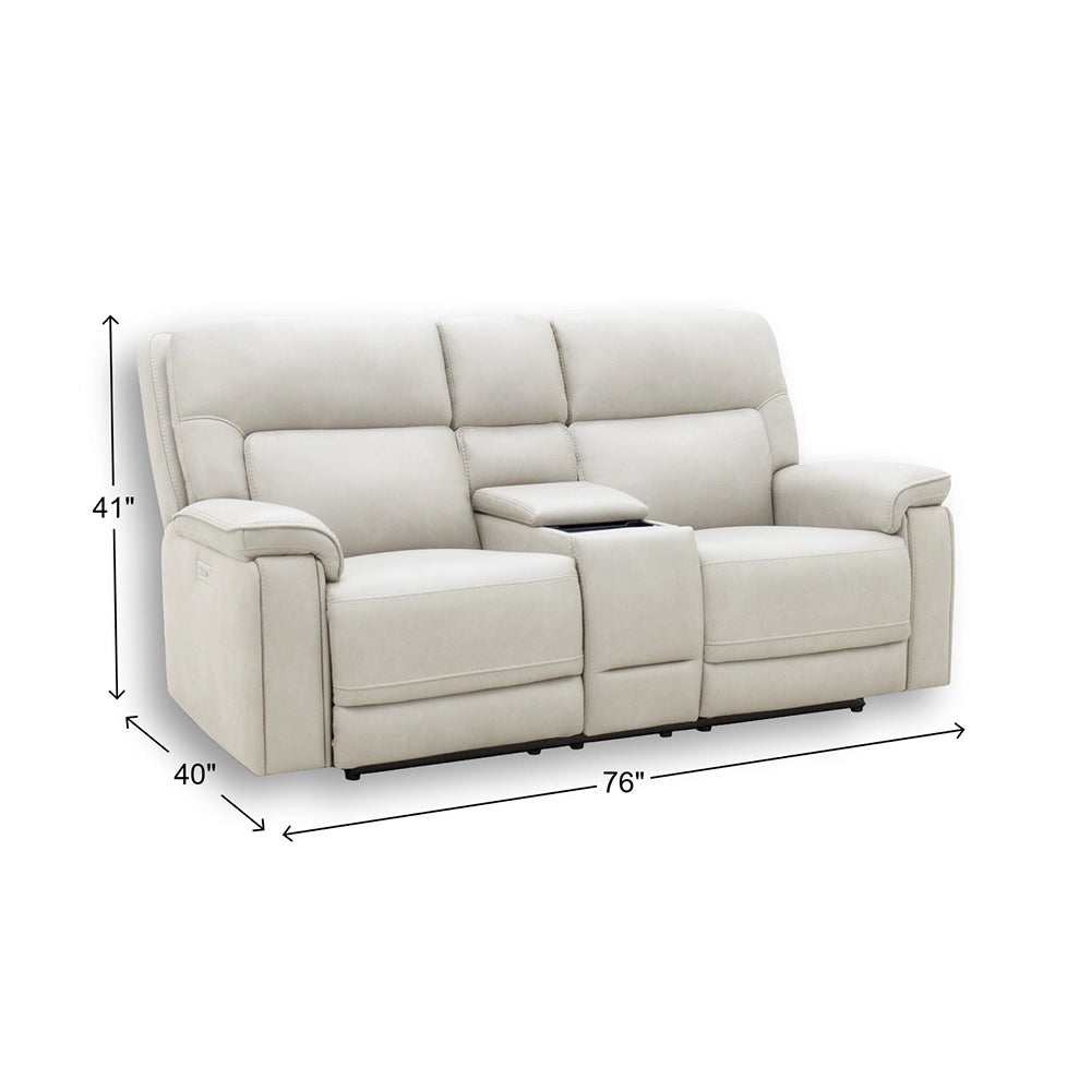 Moto Motion Apollo Dove Light Gray Power Reclining Loveseat with Console and Immersive Sound