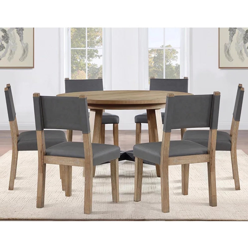 Arisa Wooden Rustic Farmhouse 5PC Round Dining Set with Table and 4 Gray Vegan Leather Chairs