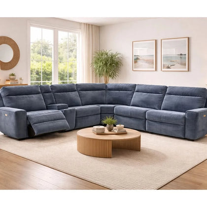 Ava Indigo Blue 6-Piece Power Reclining Sectional with Zero Gravity and Wireless Charging