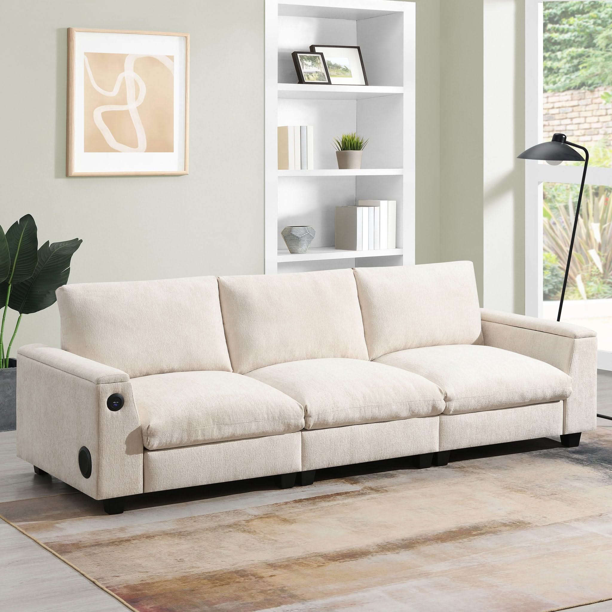 Sectional With tooth Speaker Comfy Cloud Couch Set With Drop Down Table Cup Holders, USB Charger Storage Armrest Wide Seat Sofa