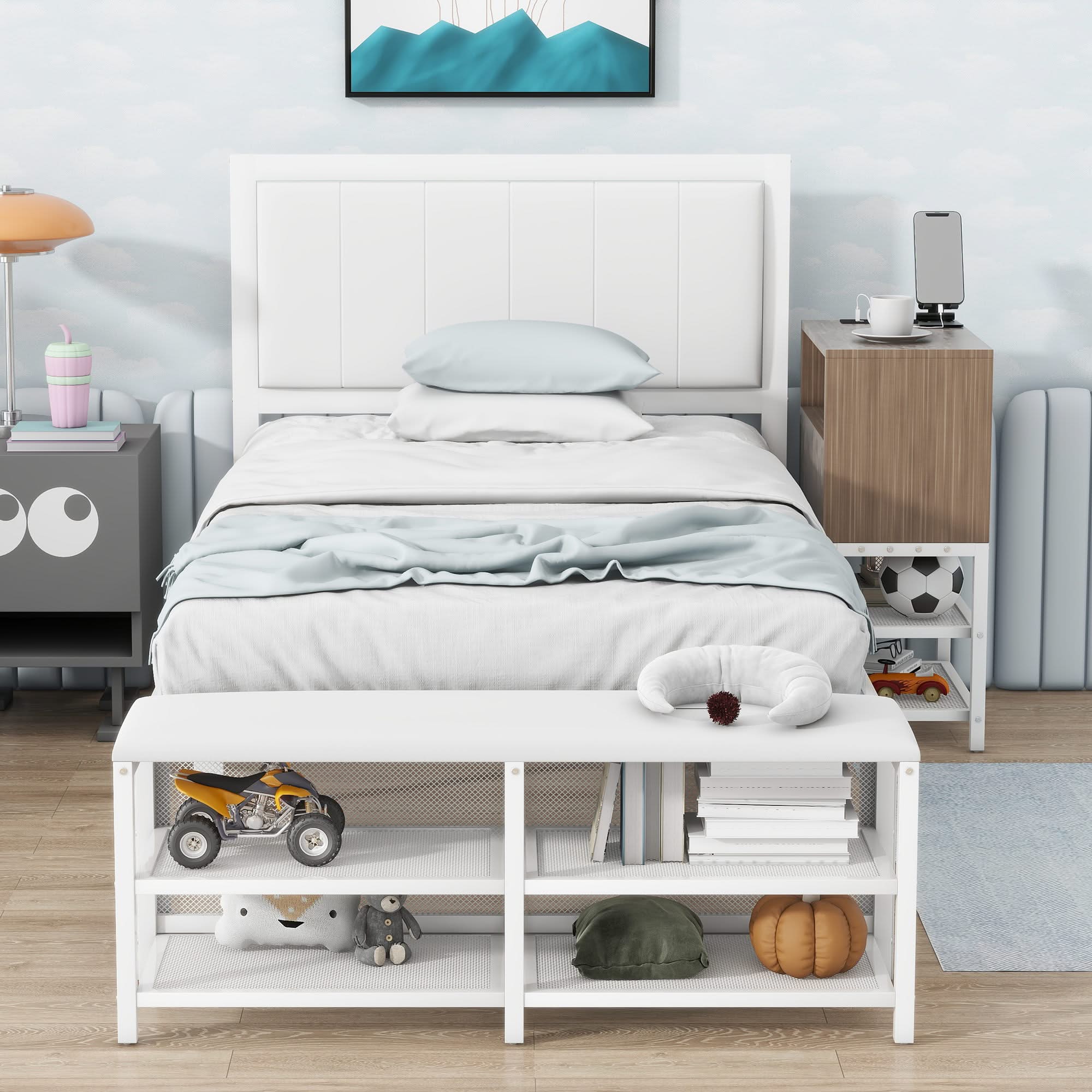 Platform Bed With 2 Tier Storage Shelves, Storage Cabinet
