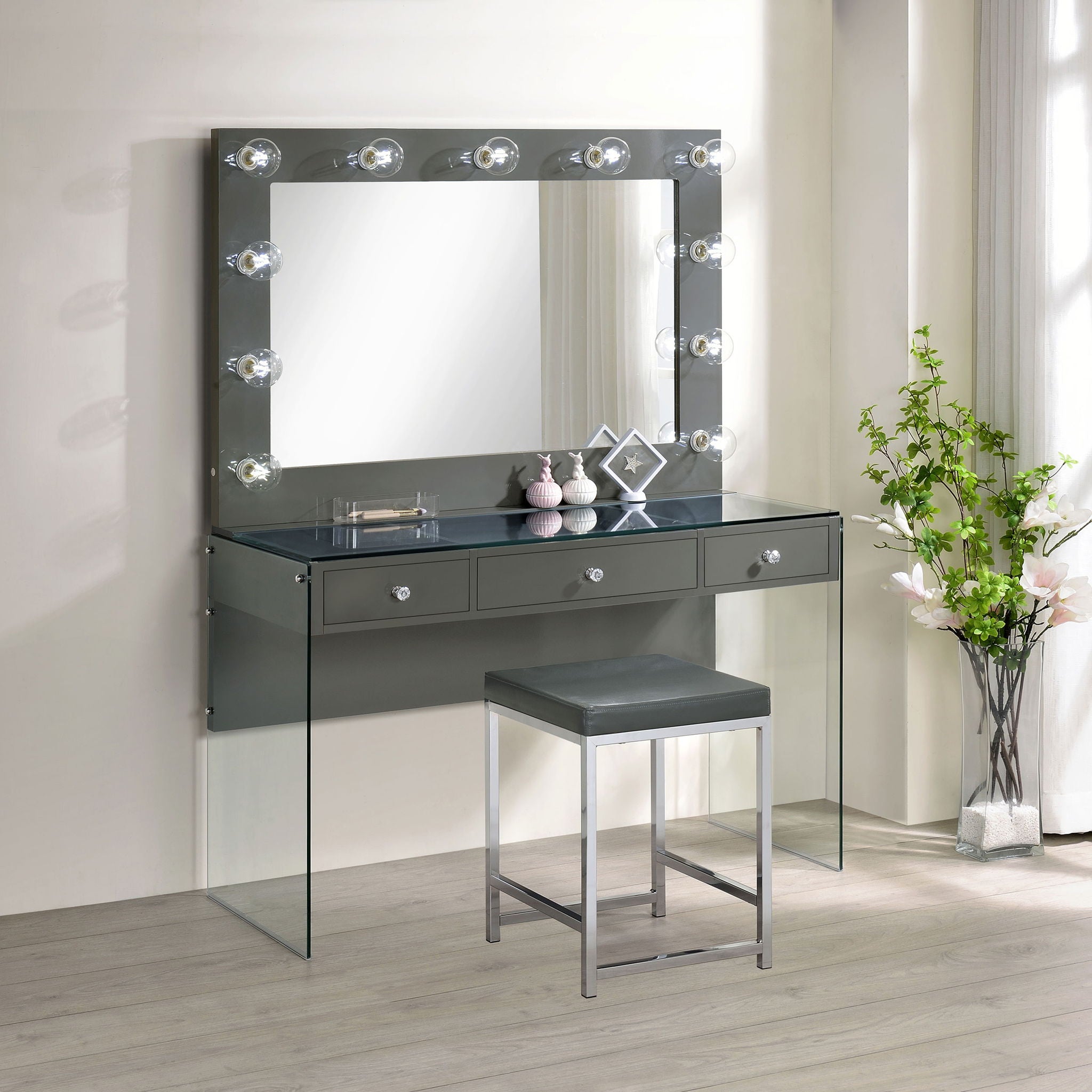 Afshan Upholstered Square Padded Vanity Stool Chrome
