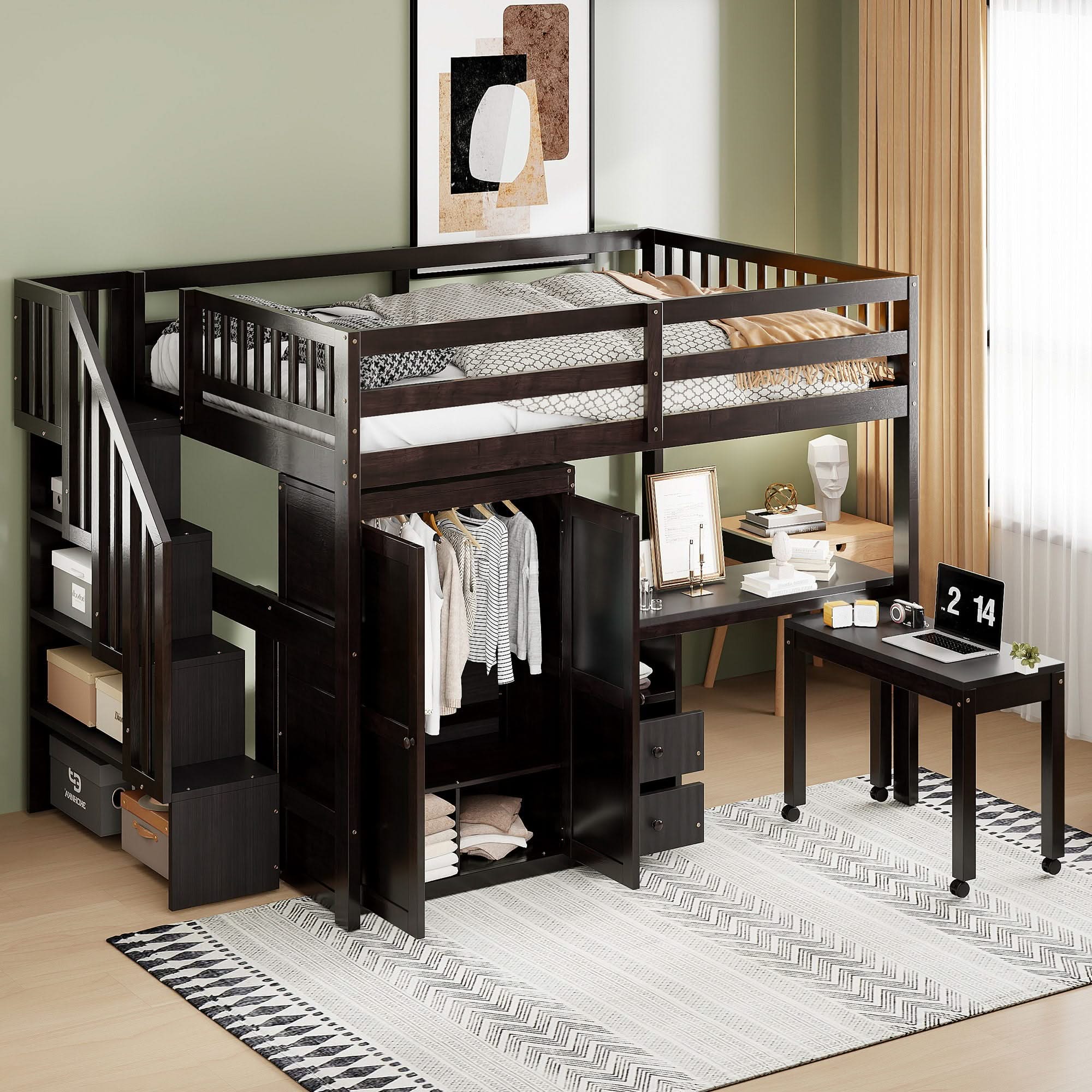 Loft Bed With Stairs, Bookshelf, Drawers, Desk & Wardrobe, Space Saving Multifunctional Furniture