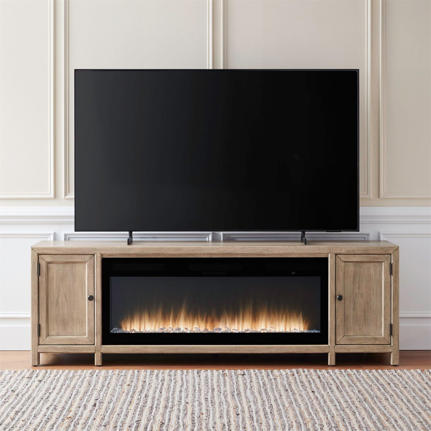 Fireplace TV Console - 82" Console With Fire FTS - Light Brown