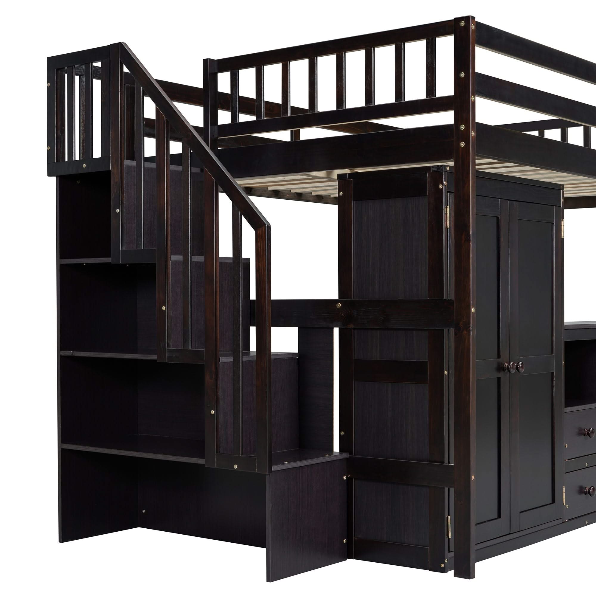 Loft Bed With Stairs, Bookshelf, Drawers, Desk & Wardrobe, Space Saving Multifunctional Furniture