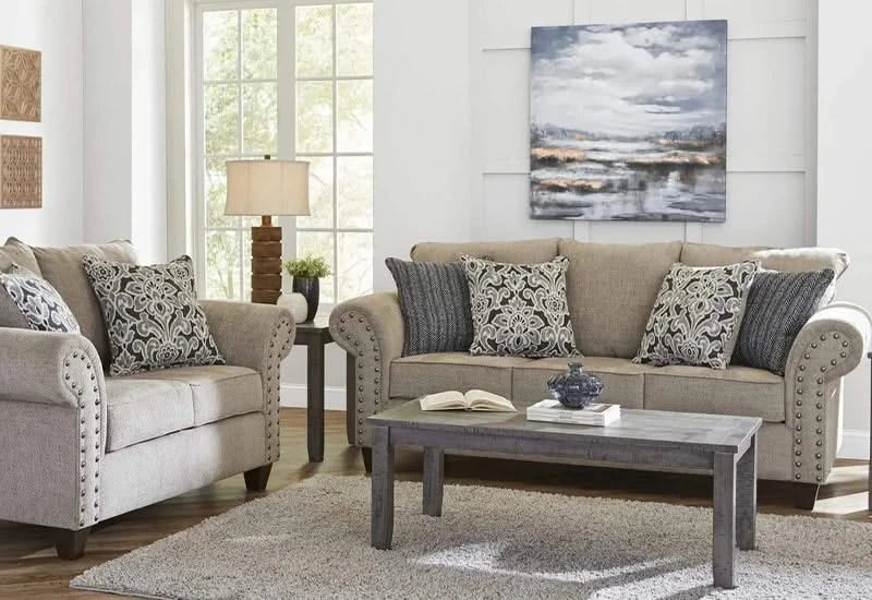 Barringer Taupe Traditional Living Room Set with Nailhead Trim