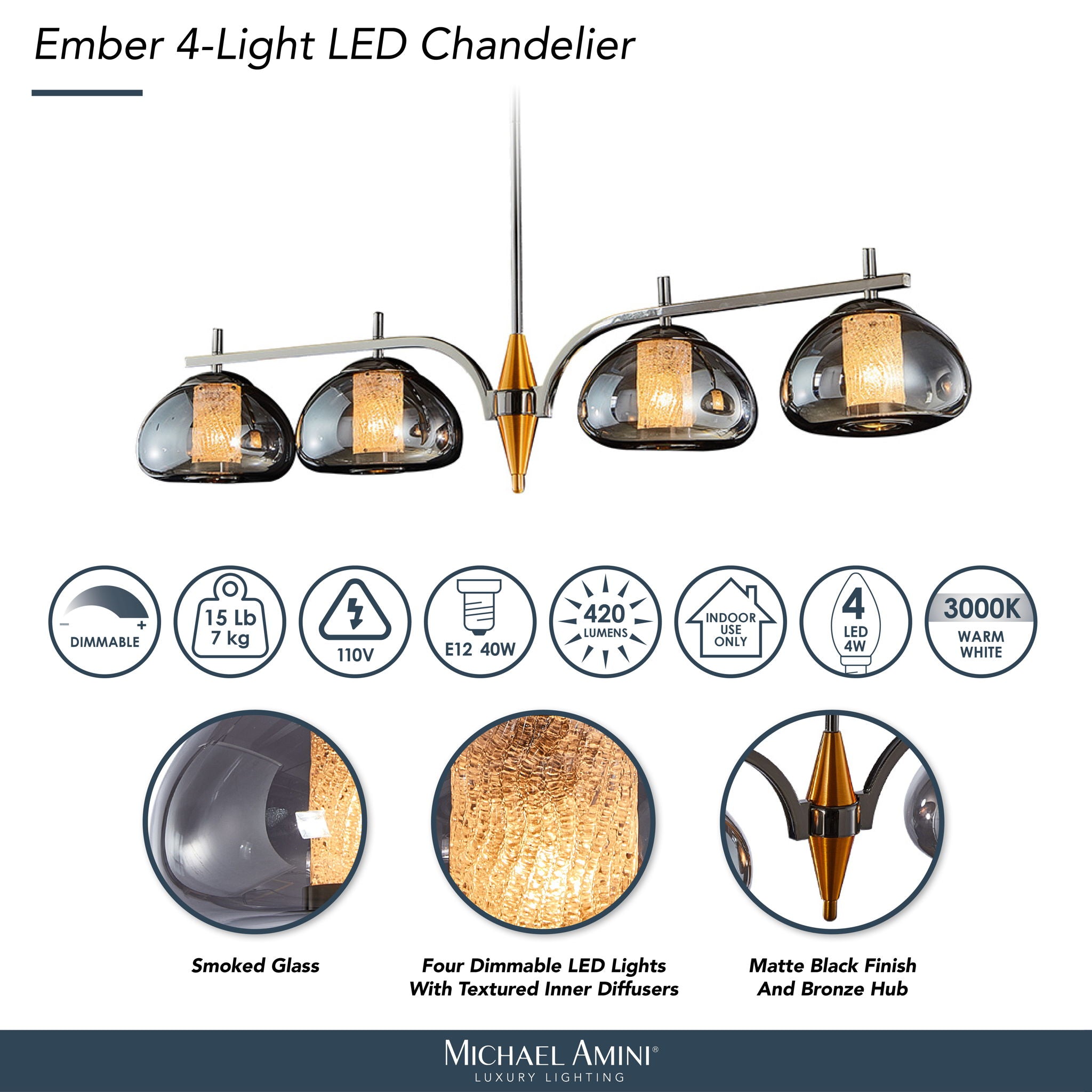 Michael Amini Lighting - Ember 4-Light LED Chandelier - Smoke / Black Pearl