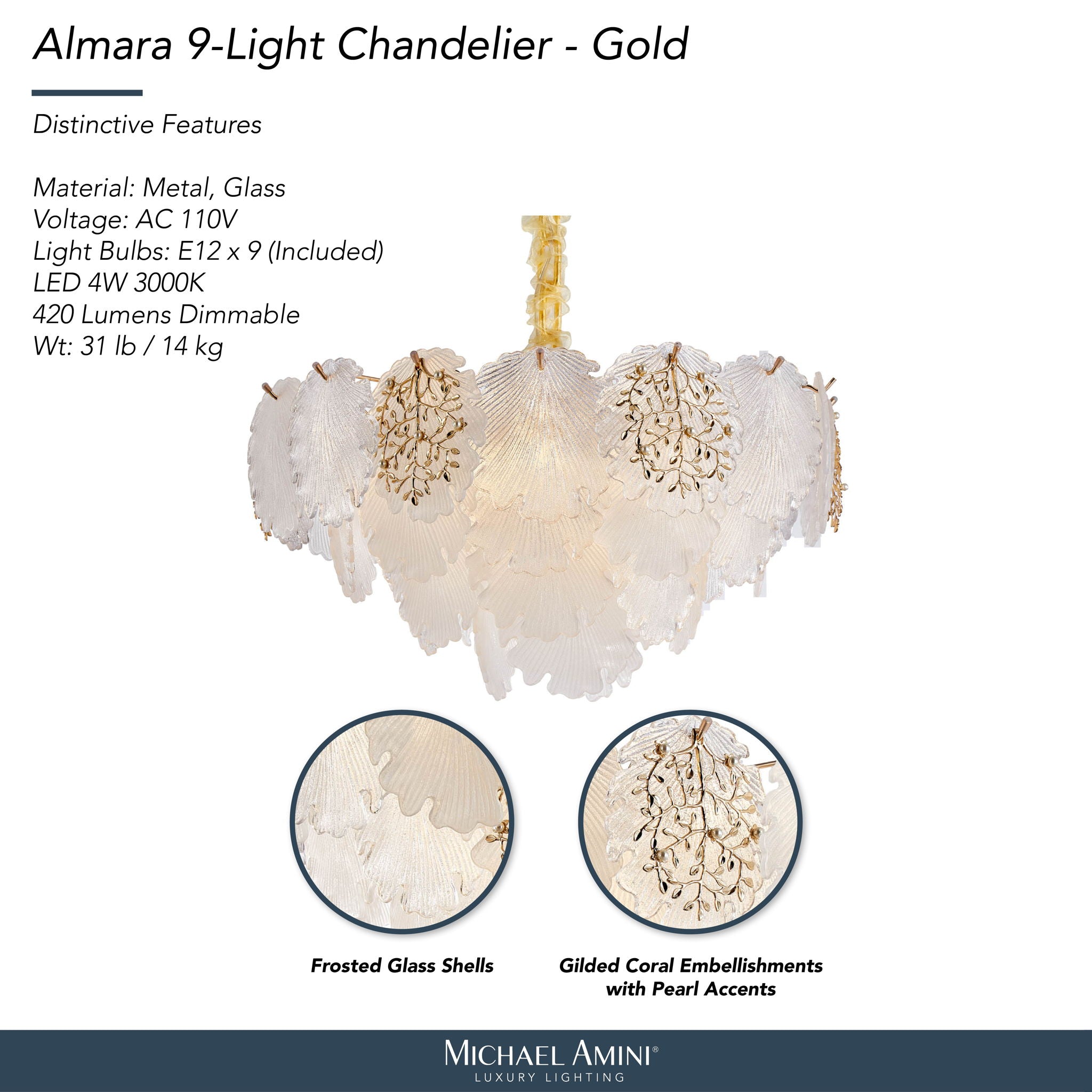 Michael Amini Lighting - Almara 9-Light Frosted Glass Chandelier - Frost / Gold