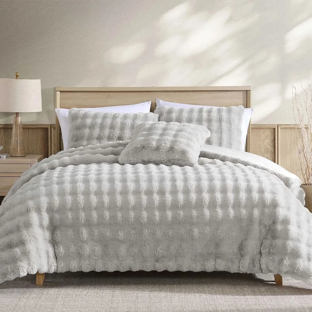 Bell Faux Black or Grey 4PC Comforter Set with Soft Plush Finish