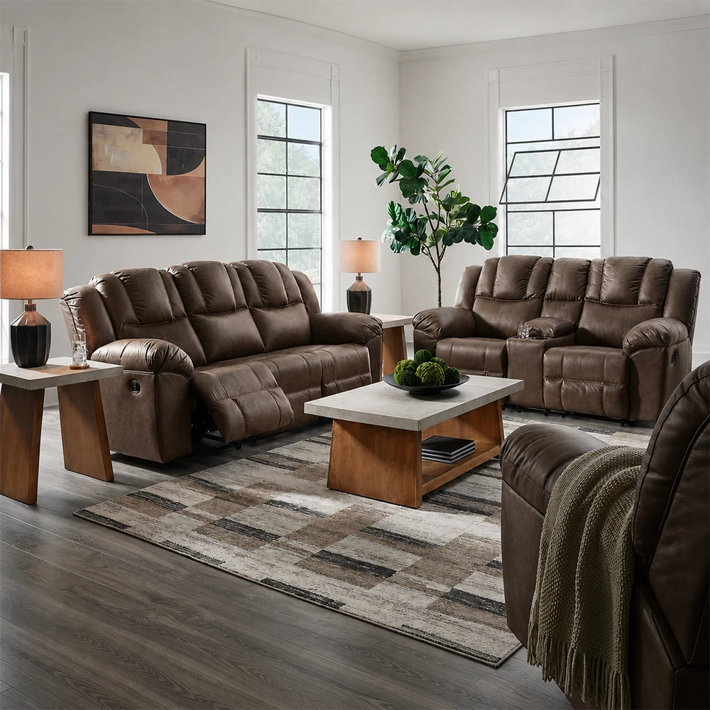 Bennett Coffee Contemporary Manual Reclining Sofa and Loveseat Living Room Set with Console and Cup Holders
