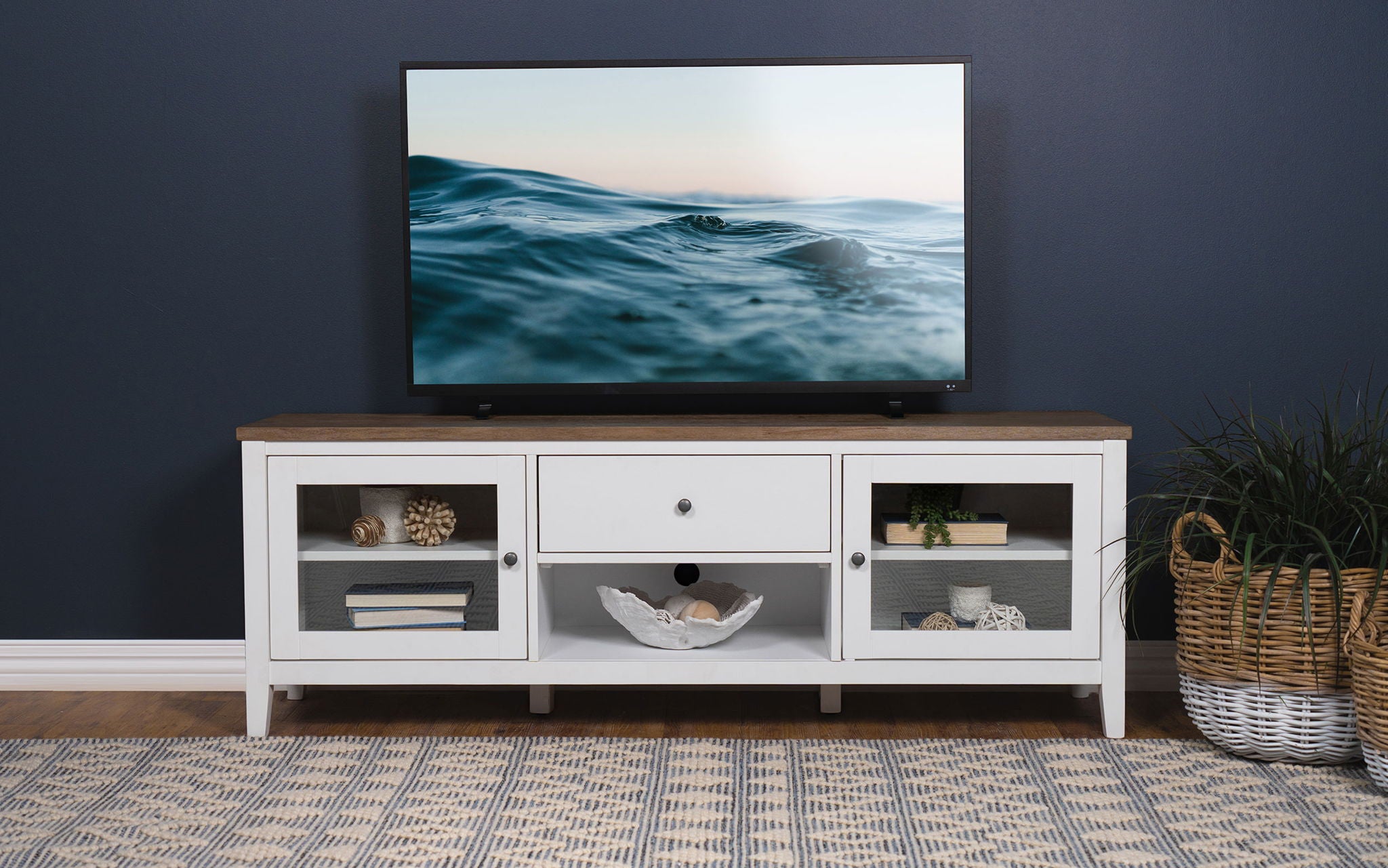 Hollis 2-door Wood 67-inch TV Stand with Drawer Brown and White