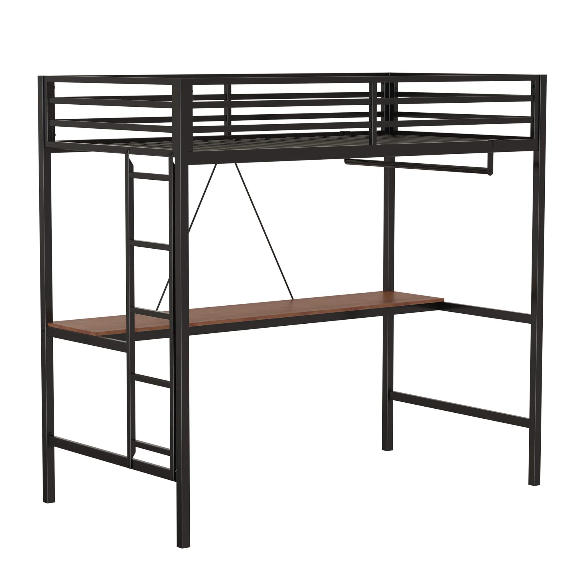 Adam - Twin Loft Bunk Bed With Cinnamon Wood Desk And Closet Rod - Black