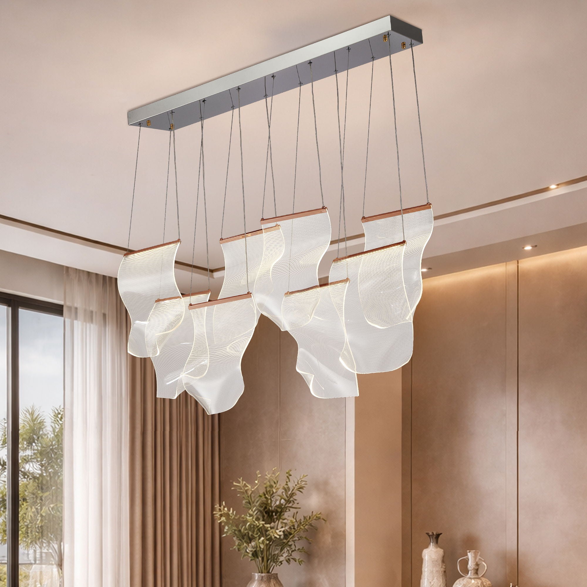 Michael Amini Lighting - Sheer Waves 8-Light Modern LED Chandelier - Rose Gold