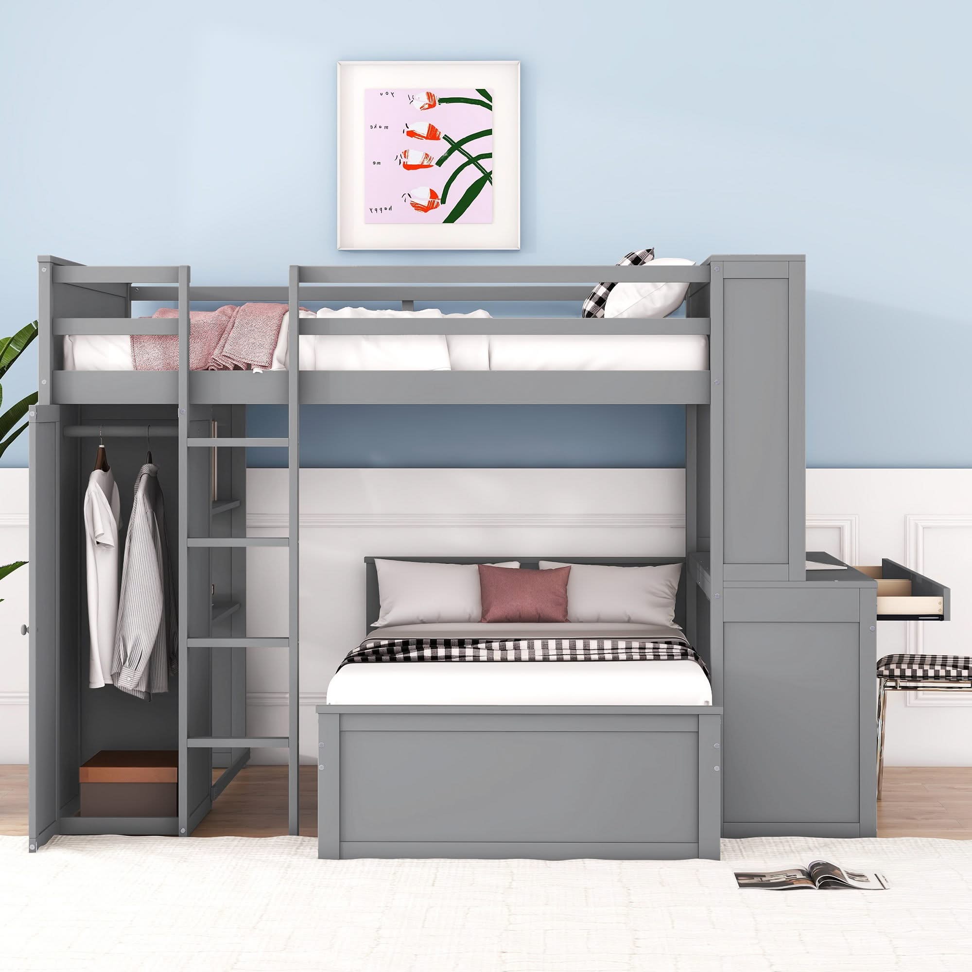 Loft Bed With A Twin Size Standalone Bed, Shelves, Desk, And Wardrobe