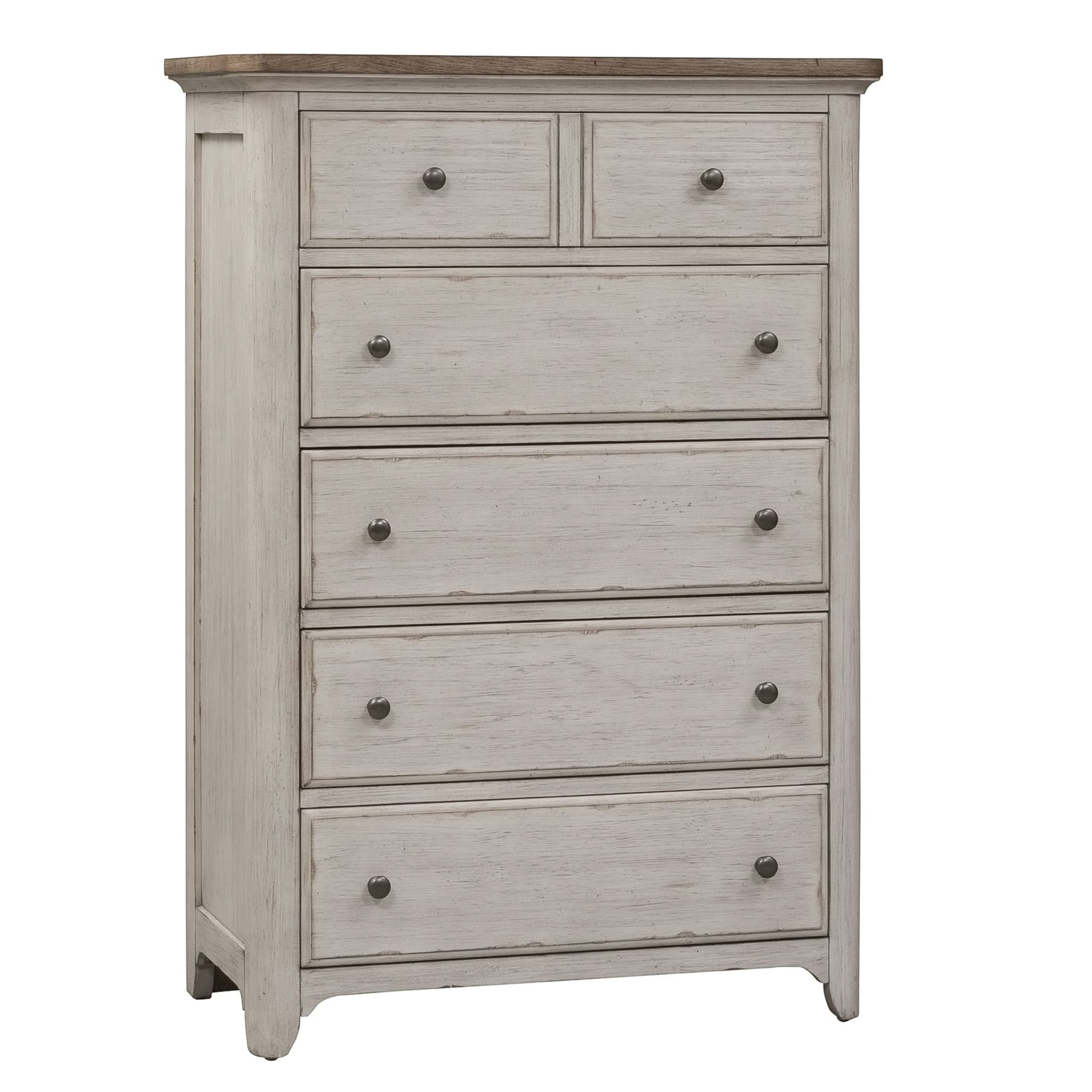 Farmhouse Reimagined - 5 Drawer Chest - Antique White / Chestnut Tops